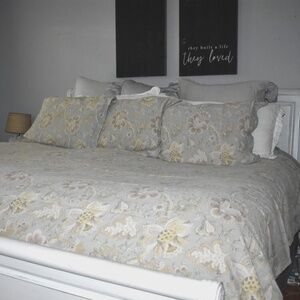 Pottery Barn Neutral Green Floral Linen King Duvet + 4 Std Pillow Shams Set Lot